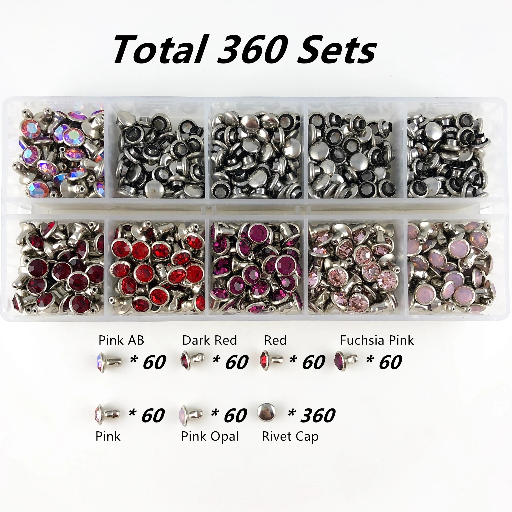 

YORANYO 360 Sets 6MM CZ++ Crystal Rivets Silver Plated Mixed Color Spots Studs Double Cap Punk Spikes for Leather-Crafting