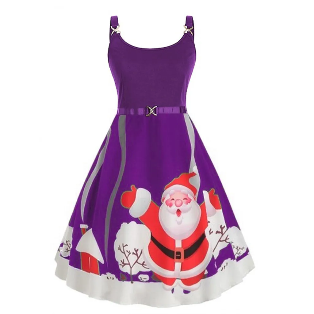 Осенне-зимнее рождественское платье Новогоднее праздничное женское модное винтажное рождественское платье с принтом Санта Клауса и снежинки#25 - Цвет: Purple