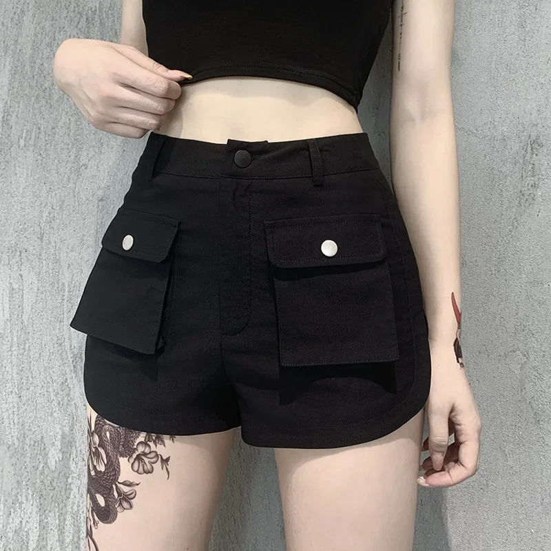 

GothGirl Punk Black Shorts Women Solid Color High Waist with Pockets Shorts Gothic Streetwear Sexy Casual Grunge Shorts Female