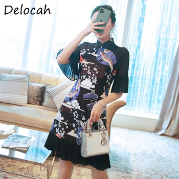 

Delocah Summer Fashion Designer Ladies Dress Women Flare Sleeve Vintage Printed Elegan Slim Female Draped Short Dresses vestidos