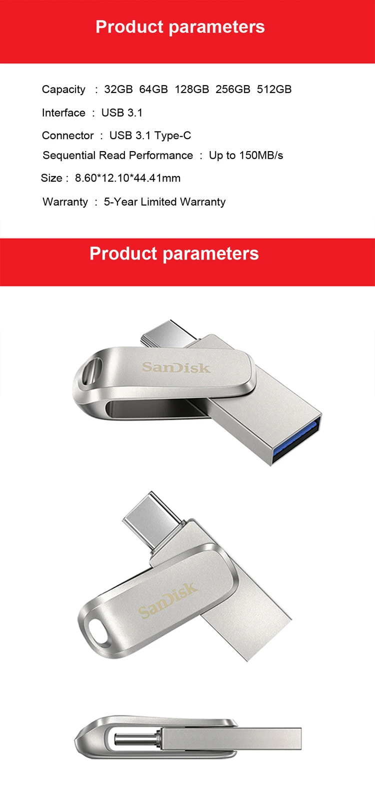 SanDisk 3 pcs sell SDDDC4 USB 3.1 512GB 1TB 256GB 128GB 64GB 32GB Type-C Phone encrypt Metal Dual interface OTG Flash Pen drive 8gb usb flash drive