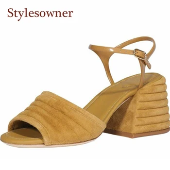 

Retro High-heel Flock Sheepskin Woman Sandals Buckle Strap Party Gladiator Elegant Shoes for Summer Autumn Yellow Black Red Shoe