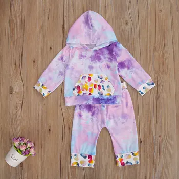 

Kids Fall Girl Tops and Trousers Dyed Set Printed O-Neck Long Sleeve Casual Kangaroo Pocket Sports Hat Blouse