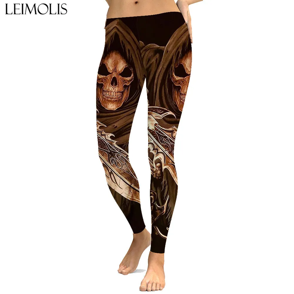 

LEIMOLIS sexy gothic Death killer black print push up leggings plus size women fitness workout punk high waist spandex leggins