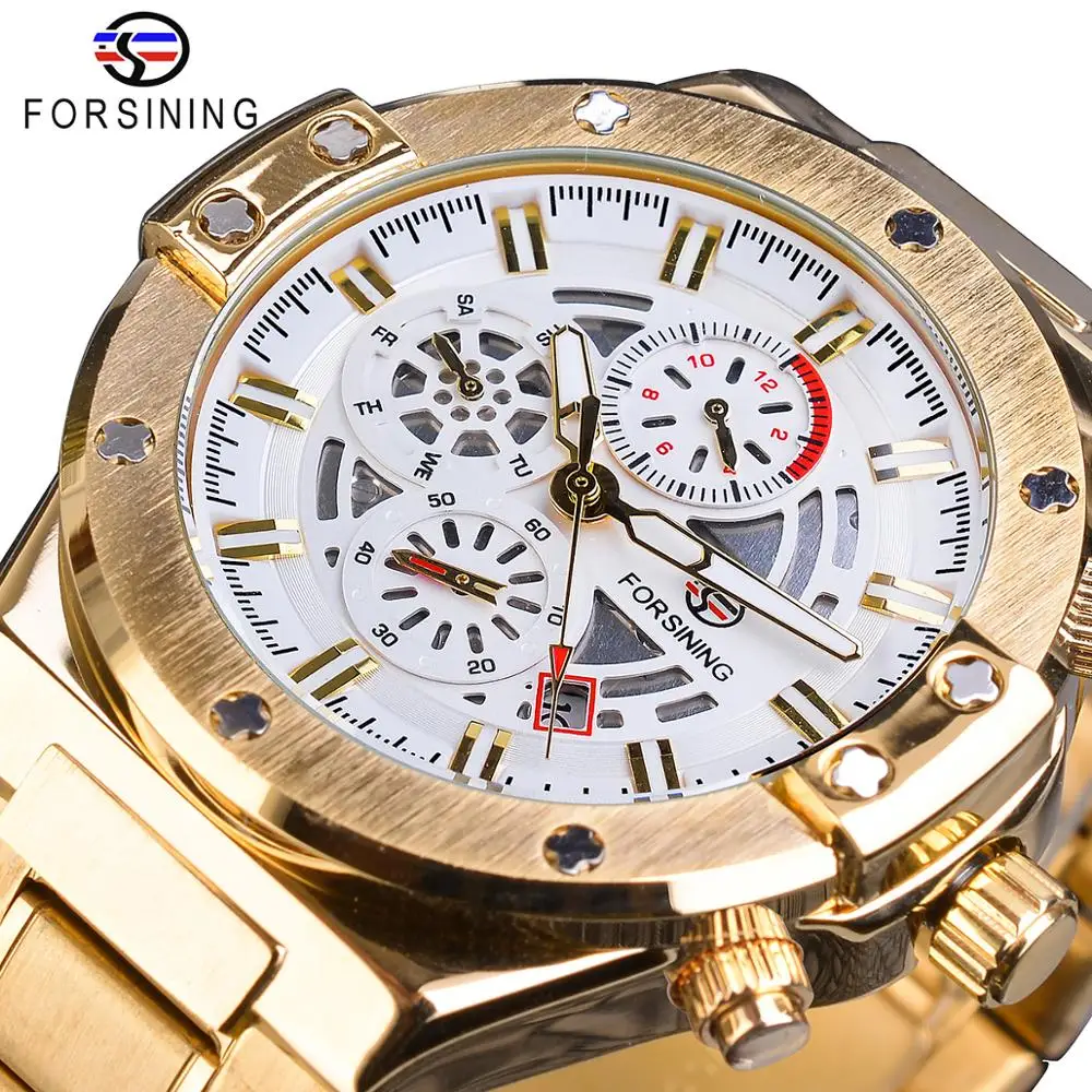 

Forsining Gold Mens Mechanical Watch Automatic 3 Sub Dial Calendar Sport Army Waterproof Full Steel Band Clock Relogio Masculino