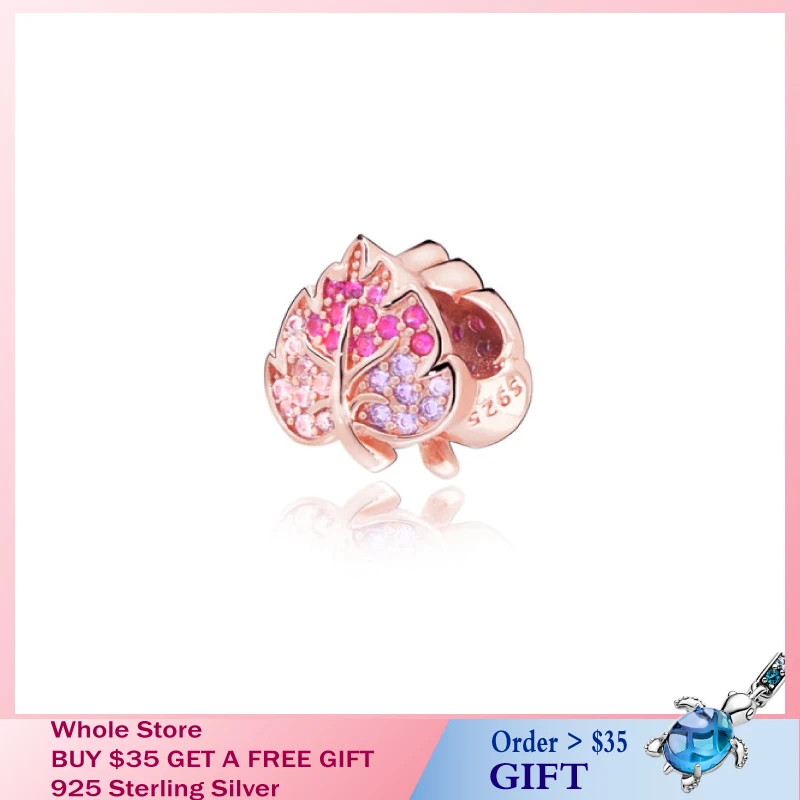 

Autumn New 925 Sterling Silver Inlaid brick pink leaves Charm Beads fit Original Pandora Bracelets Women DIY Jewelry