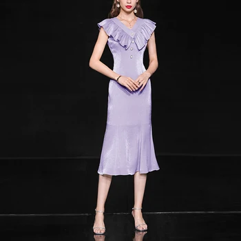 

Seifrmann Runway Summer Bodycon Mermaid Dress Women Solid V-Neck Beading Button Bohemian High Fashion Party Female Midi Dresss