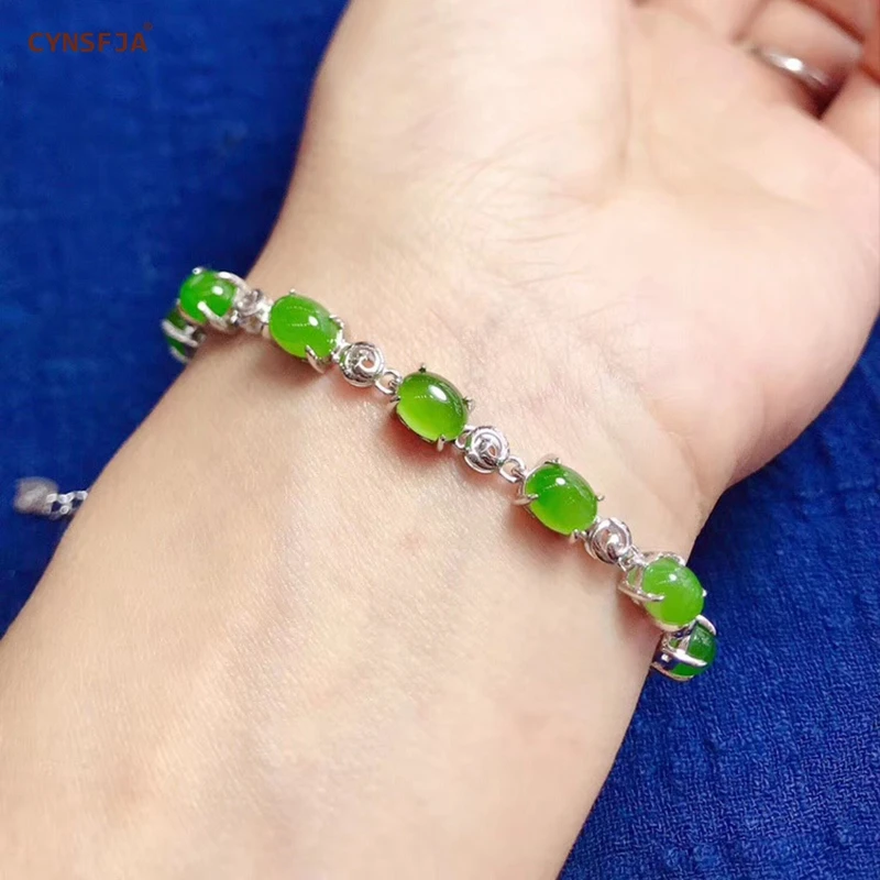 

CYNSFJA Real Certified Natural Hetian Jade Jasper 925 Sterling Silver Women's Green Jade Bangle Bracelet Fine Jewelry Best Gift