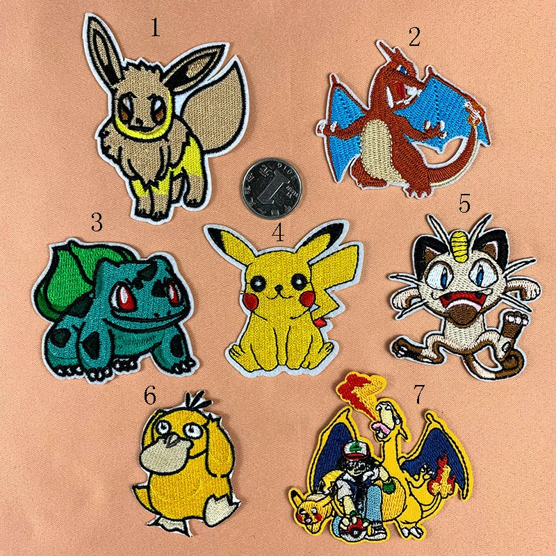 

NEW 7 Style Pokemon Motif Patch Cartoon Cosplay Go Team Embroidery Pikachu Group Iron on Patches for Clothing Embellished Badge