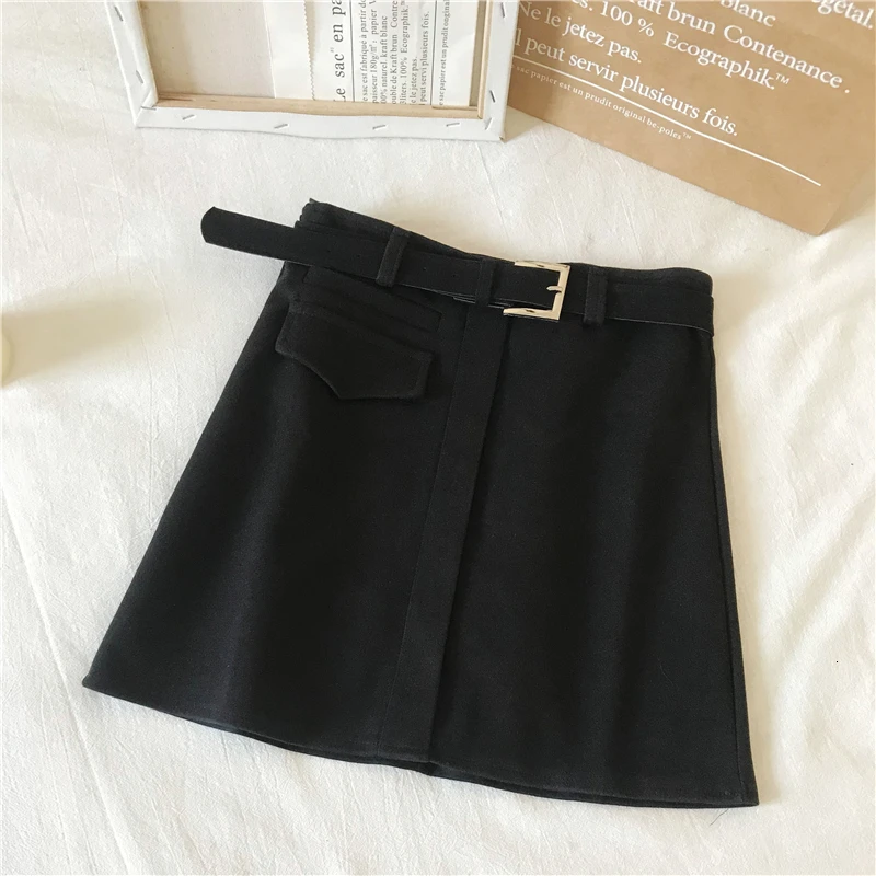 Зимние юбки женские черные Лоскутные мини-юбки с завышенной талией ложный карман дизайн короткая юбка