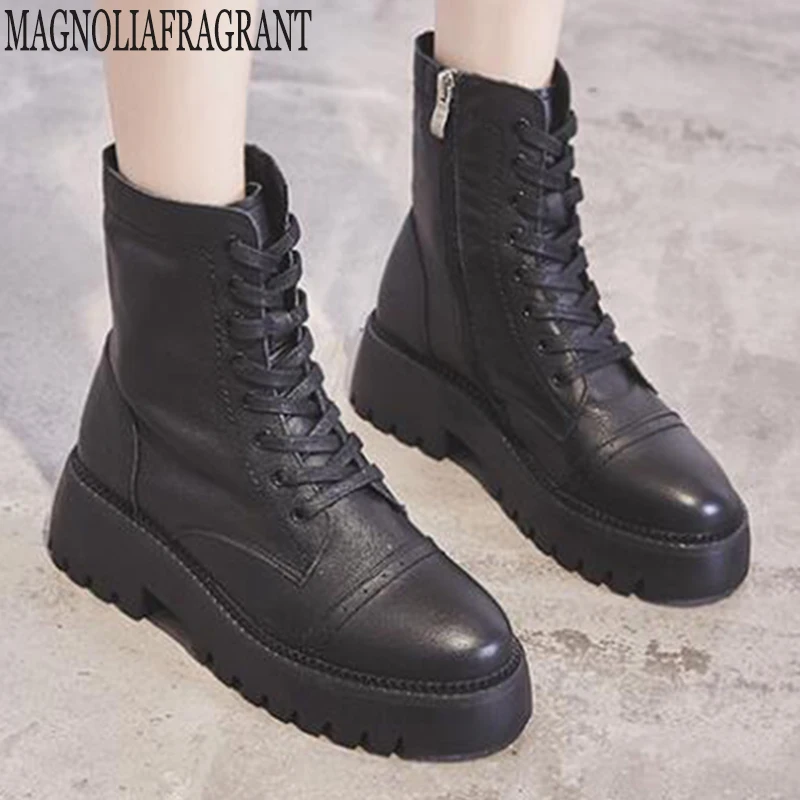 

Woman Boots Lace Up Flats Leather round head single boot Ladies Motorcycle boots Female winter High help female shoes y432