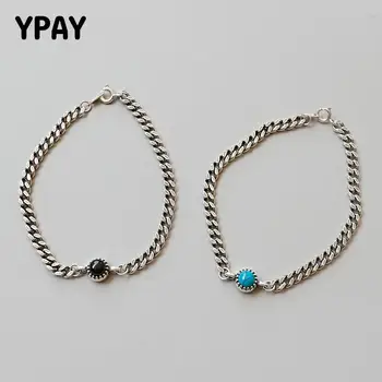 

YPAY Vintage Chain Bracelets Genuine 925 Sterling Silver Turquoise & Black Agate Bracelet For Women Korean CHIC Jewelry YMB071