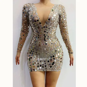 

Shining Rhinestone Sequin Women Long Sleeve Sheath Mini Dress Nightclub Ds Stage Dance Costumes Evening Party Women Silver Dress
