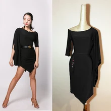 Новая юбка для латинских танцев, черные тренировочные костюмы с рукавом «летучая мышь», платья для латинских соревнований, Дамская одежда для выступлений, DQL2780