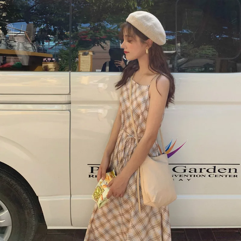 

Women Summer Long Lozenge Plaid Dress Ladies Spaghetti Strap A- Line Vestidos with Belt Robe Femme Casual Sukienki Jurk