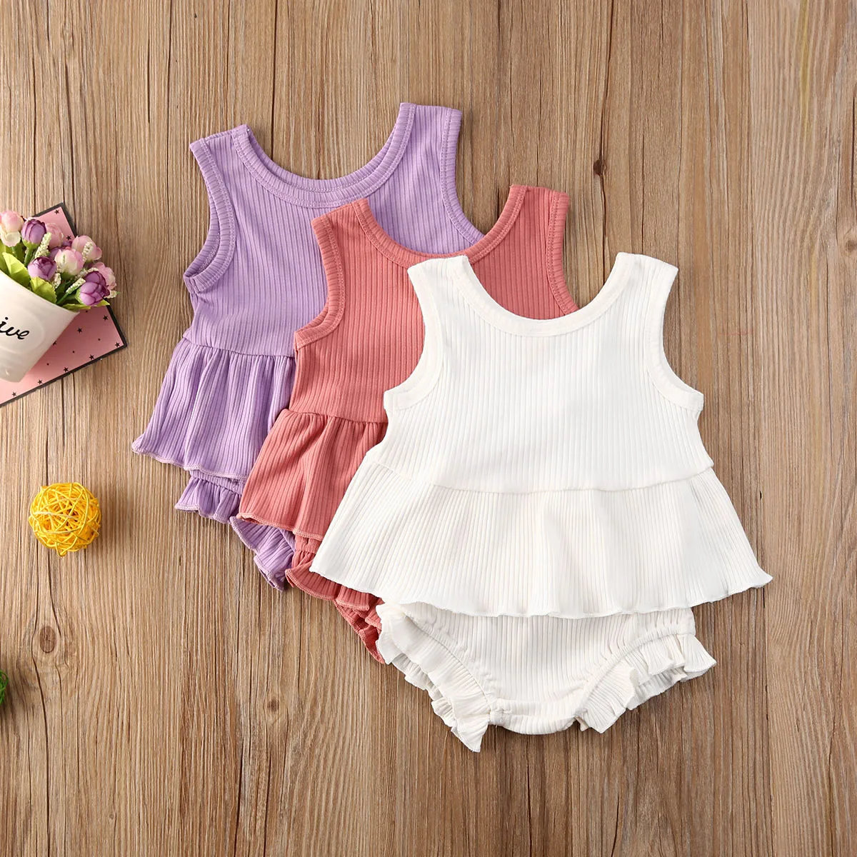 baby clothing set line 2Pcs Summer New Ribbed Baby Girls Clothes Breathable Flouncing Outfits Suit Toddlers Casual Solid Sleeveless Top Shorts Set sun baby clothing set