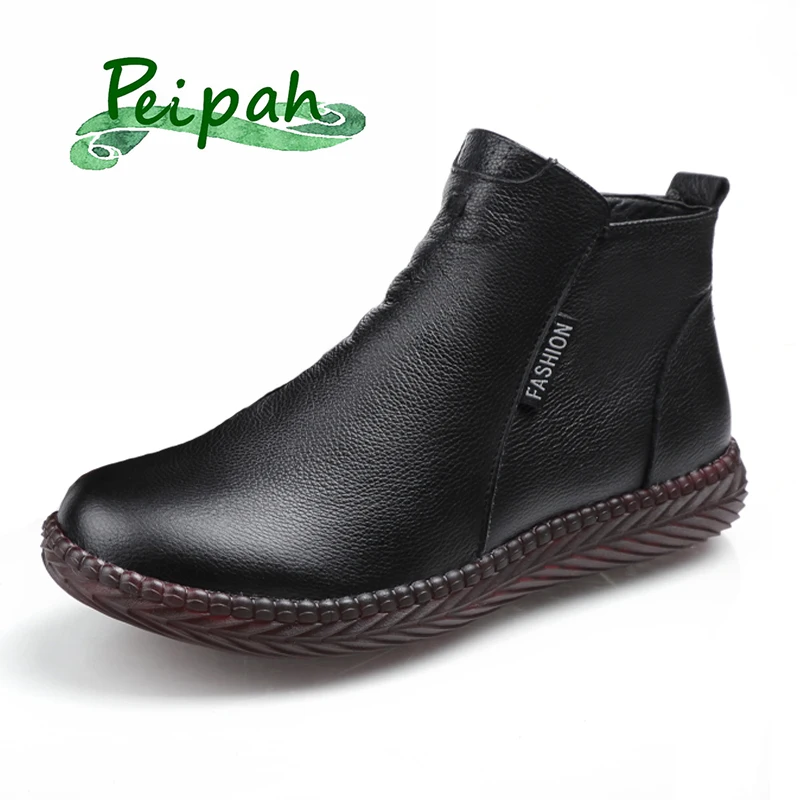 Skup PEIPAH Vintage Handmade prawdziwej skóry kobiet botki śniegowce w stylu casual zimowe damskie płaskie buty Zip gumowe Botines Mujer