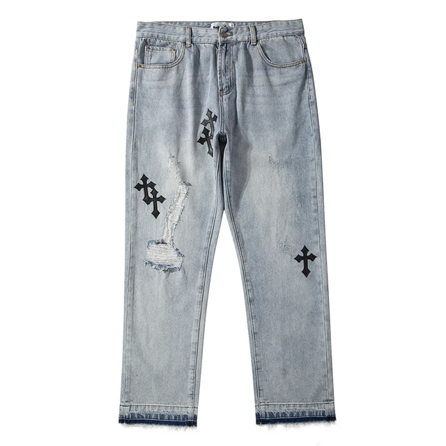 Ripped Retro Hole Cross Embroidery Casual Denim Trousers Mens High Street Washed Straight Oversize Jeans Pants 4