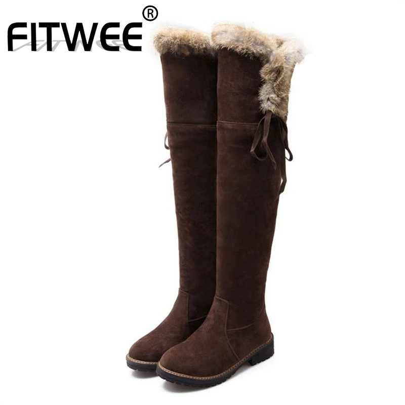 FITWEE Сапоги выше колена для Для женщин плюшевые Утепленная одежда ботинки с высоким голенищем круглый носок туфли однотонного цвета плоская подошва, зимняя женская обувь размеры 34–42