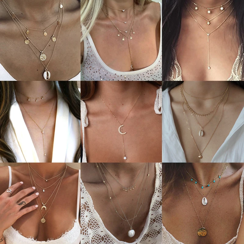 Tasa de descuento Tocona-collar con colgante de moneda de Concha de Oro Vintage para mujer y niña, collares de capas de Metal bohemios, Gargantilla, joyería para mujer LWyBqBbnM