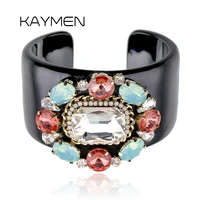 KAYMEN Black Resin Cuff Bracelet Statement Bangle and Crystal Beads Flower Luxury Handmade Bangle Fashionable Bracelet for Girls 1