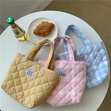 Lunch Bag Quilting Design Lunch Box Plaid Pattern Picnic Tote Eco Cotton Cloth Small Handbag Dinner Container Food Storage Bags