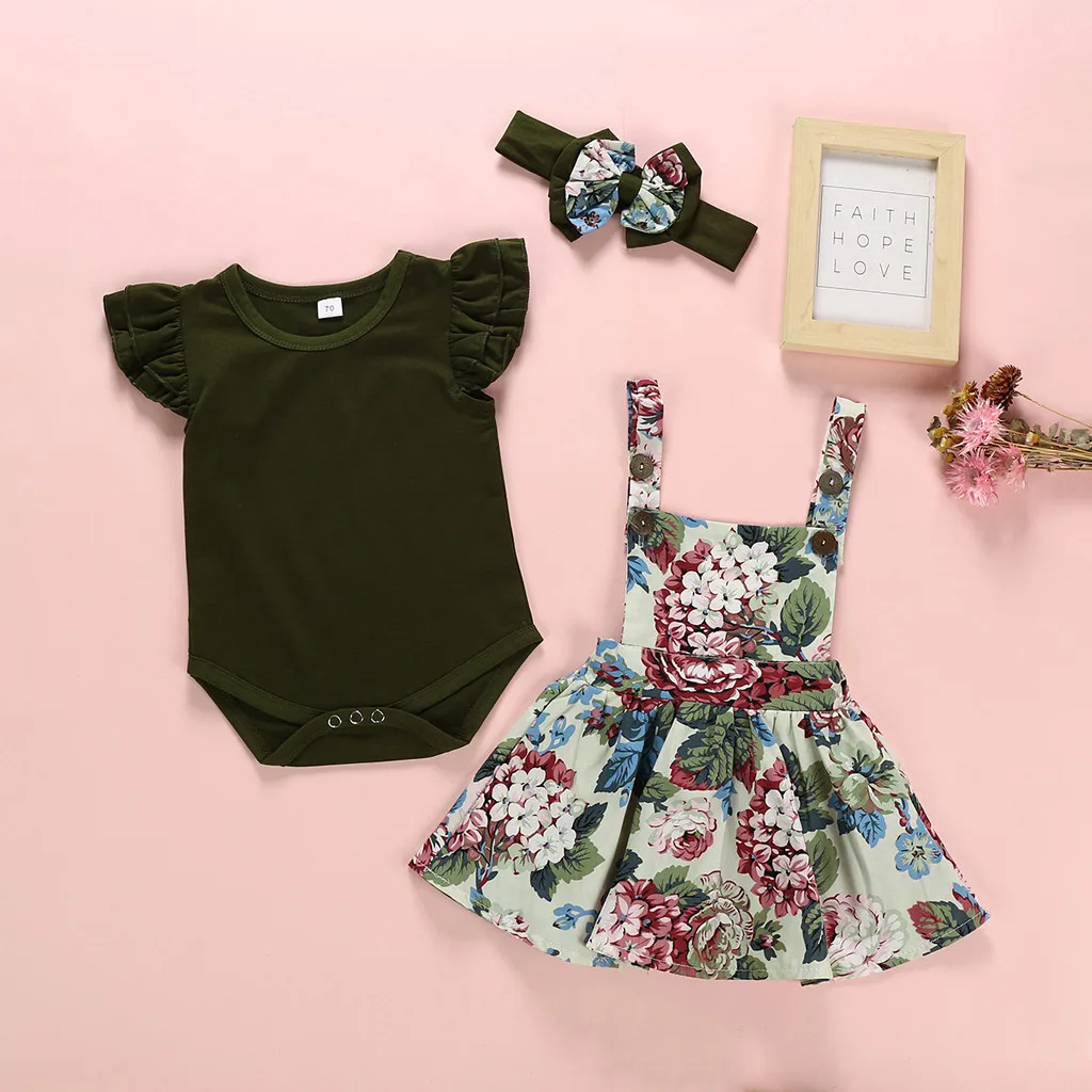 

Newborn Baby Girls Short Sleeve Romper Floral Suspender Skirt Headband Outfits Girl Clothing Set Cotton Baby Clothes Suits