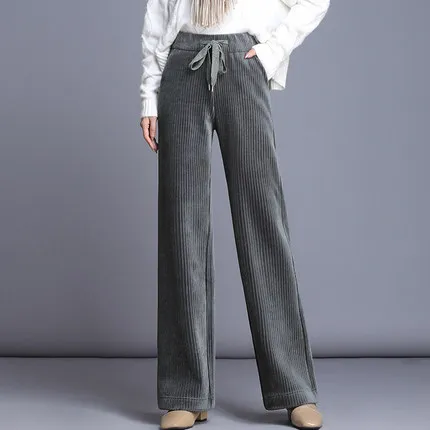 Вельветовые толстые теплые вельветовые брюки с высокой талией; драпированные длинные широкие брюки в стиле ретро; S-2XL Зимние флисовые брюки с эластичной резинкой на талии