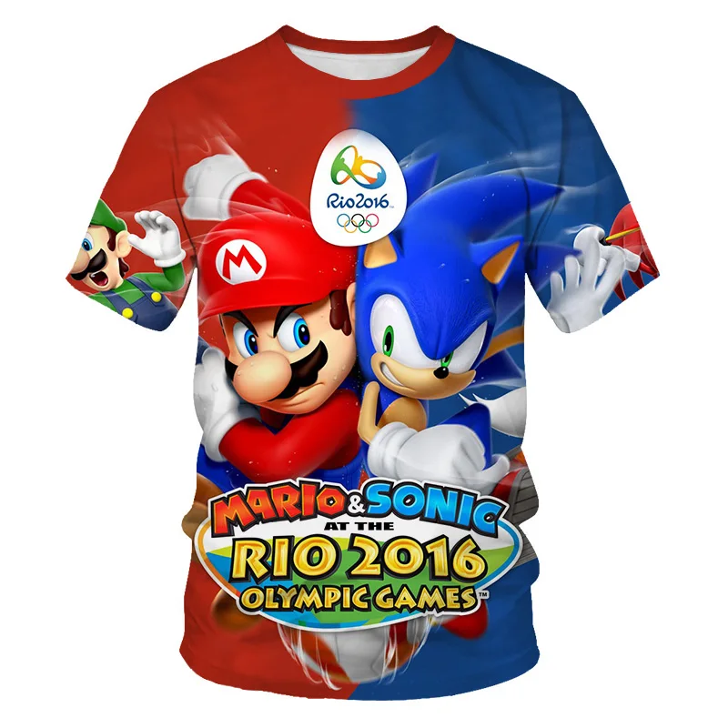 Летние футболки с объемным принтом для мальчиков и девочек с изображением героев мультфильма «Соник ежики» и «Супер Марио» для детей, футболки с короткими рукавами, детская повседневная одежда