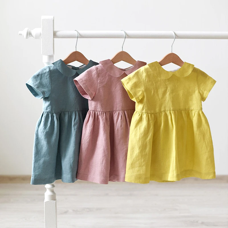 Children Linen Doll Collar Baby Princess Dress Girls Clothing Spring And Summer Short-Sleeve Dress TZ01