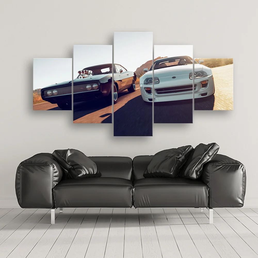 

No Framed Canvas 5Pcs Movie Fast Furious Sports Car Racing Posters Wall Art Pictures Decoration Accessories Home Decor Paintings