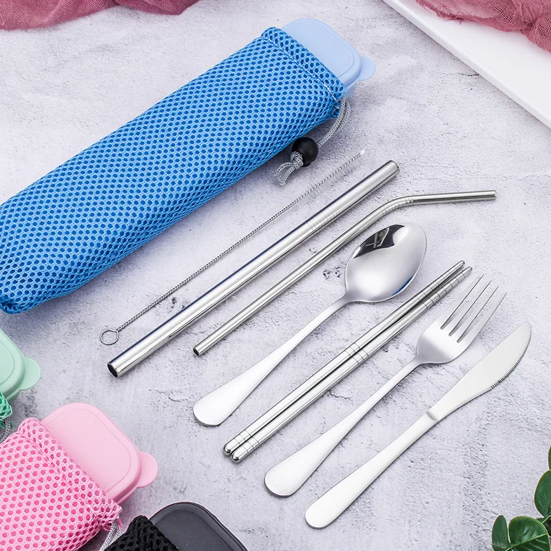 

Portable Stainless Steel Dinnerware Set Reusable Spoon Fork Chopsticks Straw Travel Camping Cutlery Set With Box Tableware Item