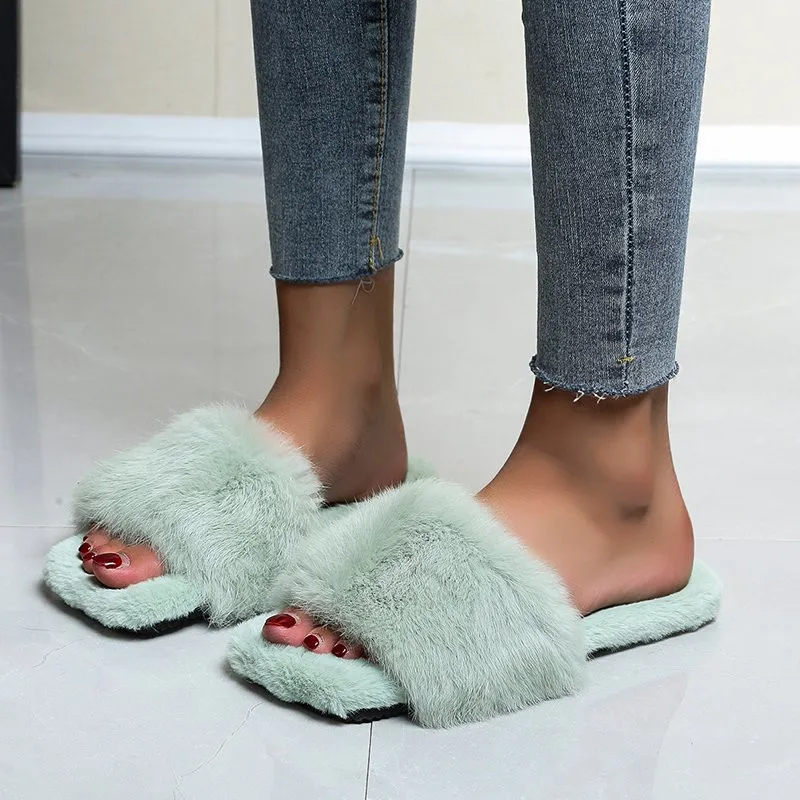 COOTELILI Winter Women Home Slippers Square Toe With Faux Fur Fashion Keep Warm Shoes Woman Slip on Flats Plus Size 41 42 43