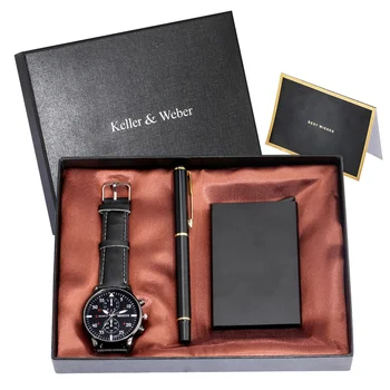 

Mens Gift Set Watch Leather Band Ban Wrist Watch Business Men Clcok Business card box & Signature pen for Men Boyfriend Dad