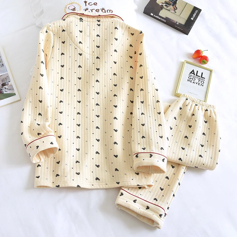 Autumn Winter Cute Pajamas Set Sleepwear Thicken Warm Cotton Female Long Sleeve Trousers Pijama Suit Pyjama Female Loungewear