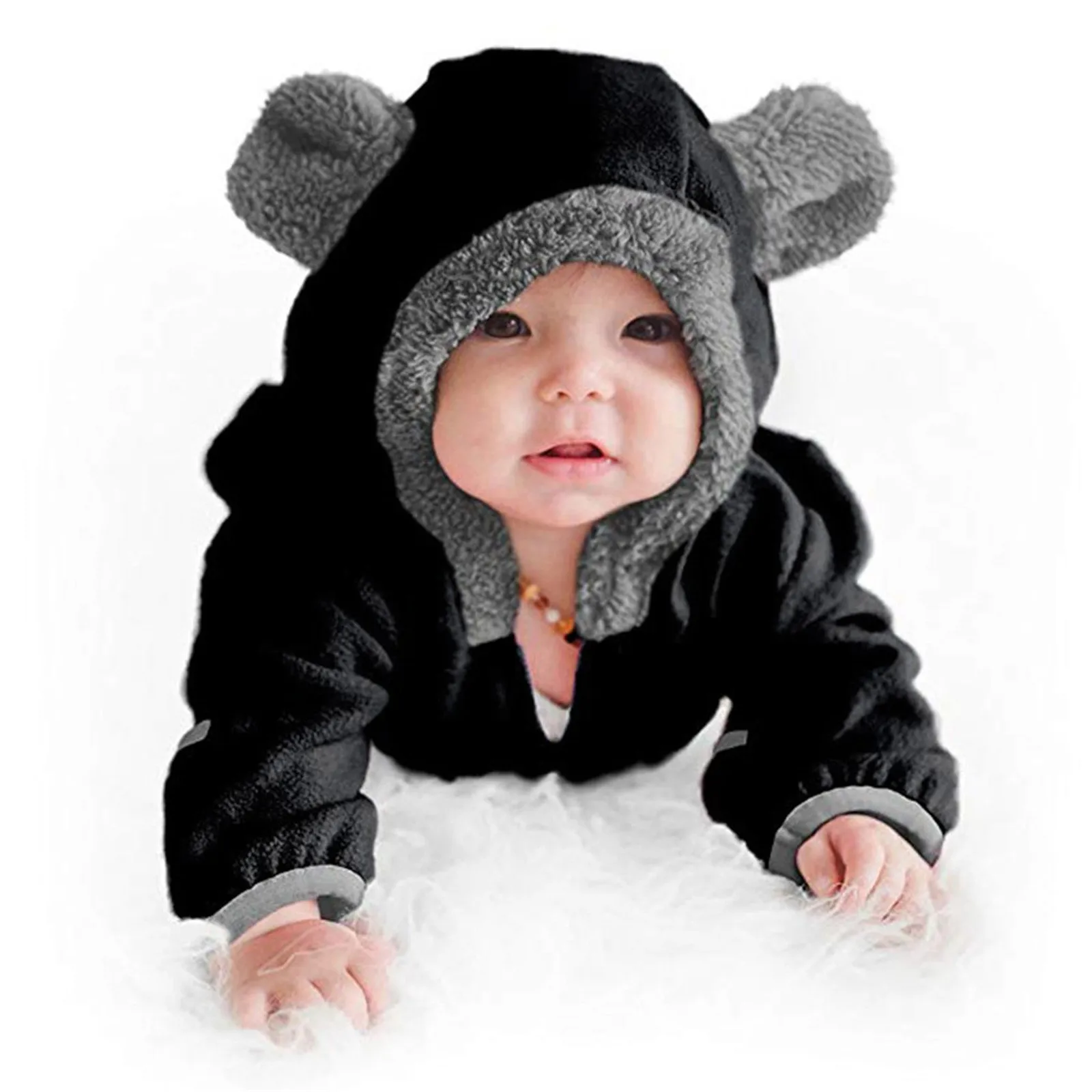 Cute Footies Newborn Clothes Baby Girl Boy Fuzzy Hooded Romper Winter Warm Baby Long Sleeve Bear Ears Zipper Jumpsuit 0-24M baby clothes baby sleepsuit bear hooded jumpsuit