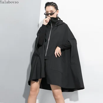 

High Collar Cloak Jacket Long Coat Woman A Autumn Suit New Style Zipper Black Windbreaker Street Trendy Personality A71Z3