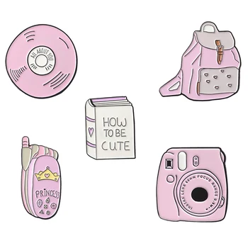 

Backpack Book Camera Mobile phone CD Zinc Alloy Pin Custom Badges Pink Girl Brooches Lapel Pins Denim Shirt Collar Jewelry Gift