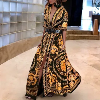 

Hirigin 2019 New Style Fashion Elegant Women Sexy Boat Neck Glitter Deep V Neck Print Party Dress Formal Long Sexy Clubwear