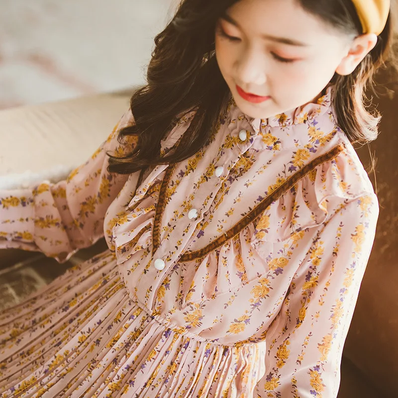 Шифоновые платья для девочек; Новинка г.; осеннее платье с принтом; детская одежда