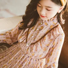 Шифоновые платья для девочек; Новинка г.; осеннее платье с принтом; детская одежда