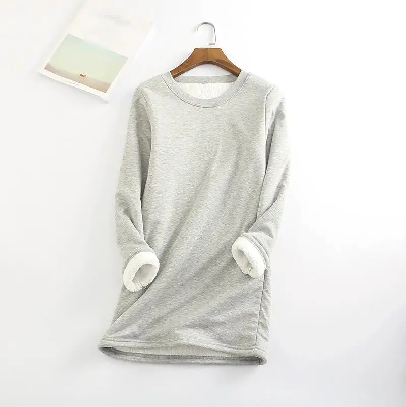 light gray Новая осенне-зимняя Толстовка размера плюс, свободная, с круглым вырезом, утолщенная и бархатная рубашка, овечья шерсть, теплая и нижняя рубашка для женщин - Цвет: light gray