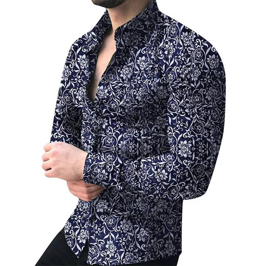 Мужские рубашки с длинным рукавом Топ Цветочные мужские блузки повседневные рубашки лето осень рубашки Гавайская мужская одежда camisa masculina - Цвет: blue
