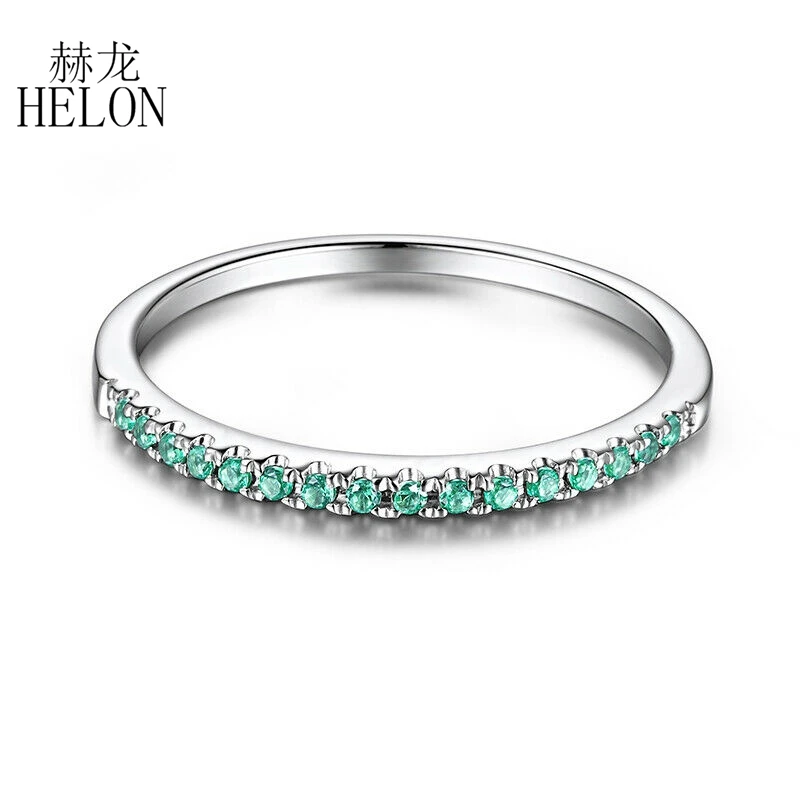 

HELON Gemstone Women Ring Solid 14k White Gold Pave Round 0.2ct Real Emerald Engagement & Wedding Gemstone Band Ring