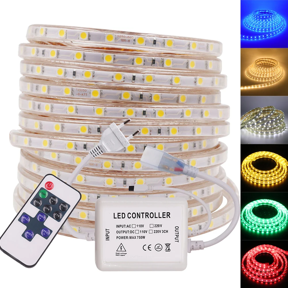 

Светодиодная лента 220 В переменного тока с регулируемой яркостью SMD 5050, водонепроницаемая гибкая лента 60 светодиодов/м, светодиодная лампа для украшения сада и улицы