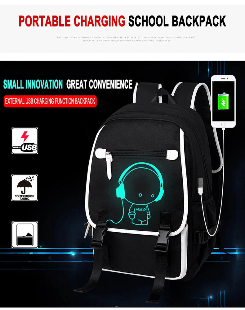 Новые модные школьные рюкзаки студенческие светящиеся Мультяшные аниме школьные сумки для подростков мальчиков девочек USB зарядка Рюкзак для ноутбука