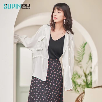 

SUPIN Summer Women Chiffon Shirts Fashion Solid Long Sleeve Bandage Loose Casual Female Mid Long Coat 519250001