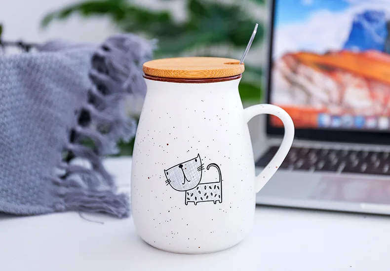 Кошка Звездное живот керамическая чашка офис милые животные кофейная чашка с бамбуковой крышкой с ложкой из нержавеющей стали кружка подарок для девочки стаканы