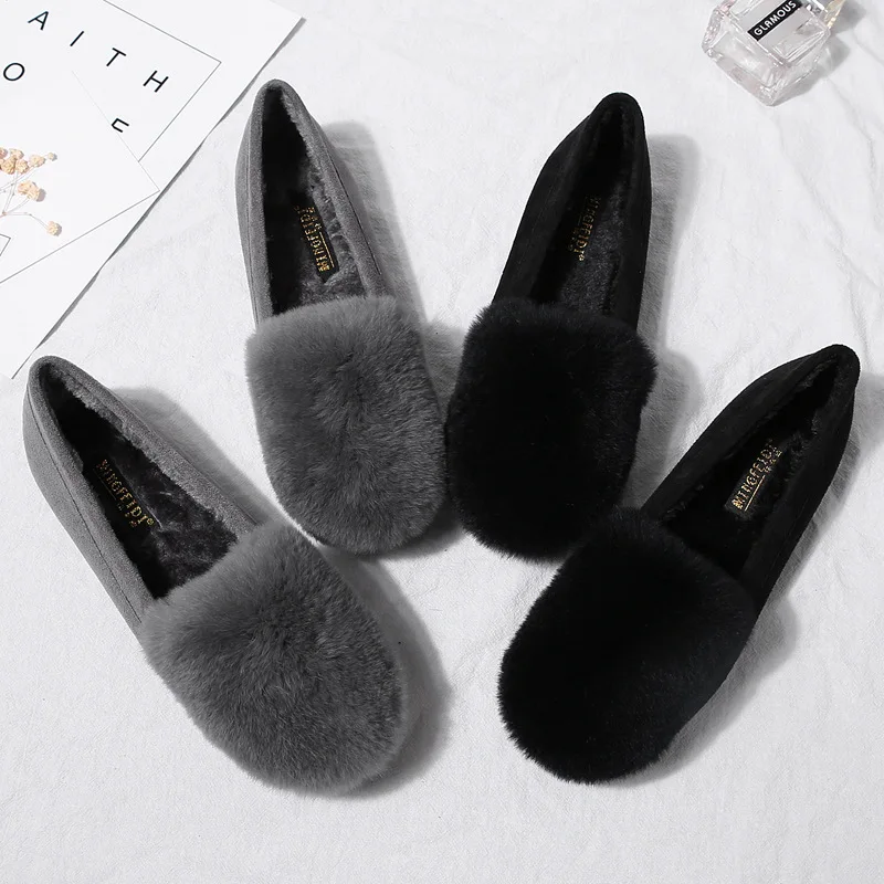 Winter Shoes Woman Flats Rabbit Fluffy Fur Faux Suede Leather Warm Loafers Soft Sole Roll Egg Peas Ballet Flat Mother Shoes