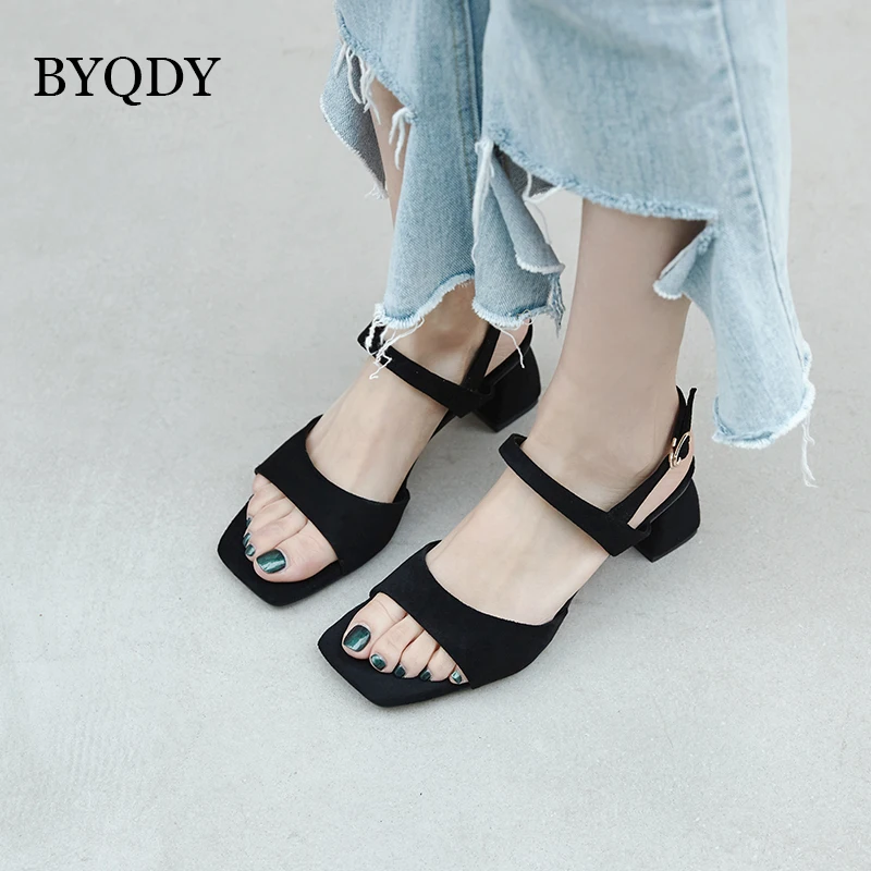 

BYQDY Square Toe Woman Gladiator Sandals Summer Office Lady Chunky Heels Shoes Buckle Strap Sandals Suede College Uniform Shoes